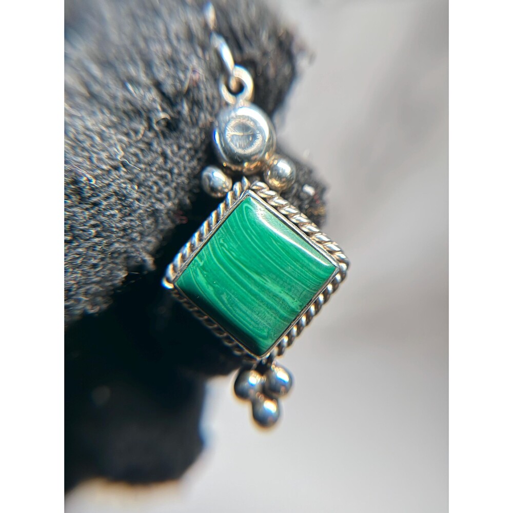 Vintage Mexican Sterling Silver Malachite Pendant Geometric 925 Green Stone